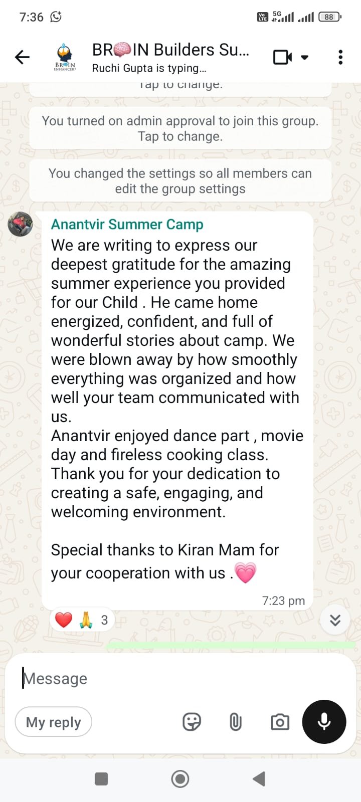 Parent feedback screenshot