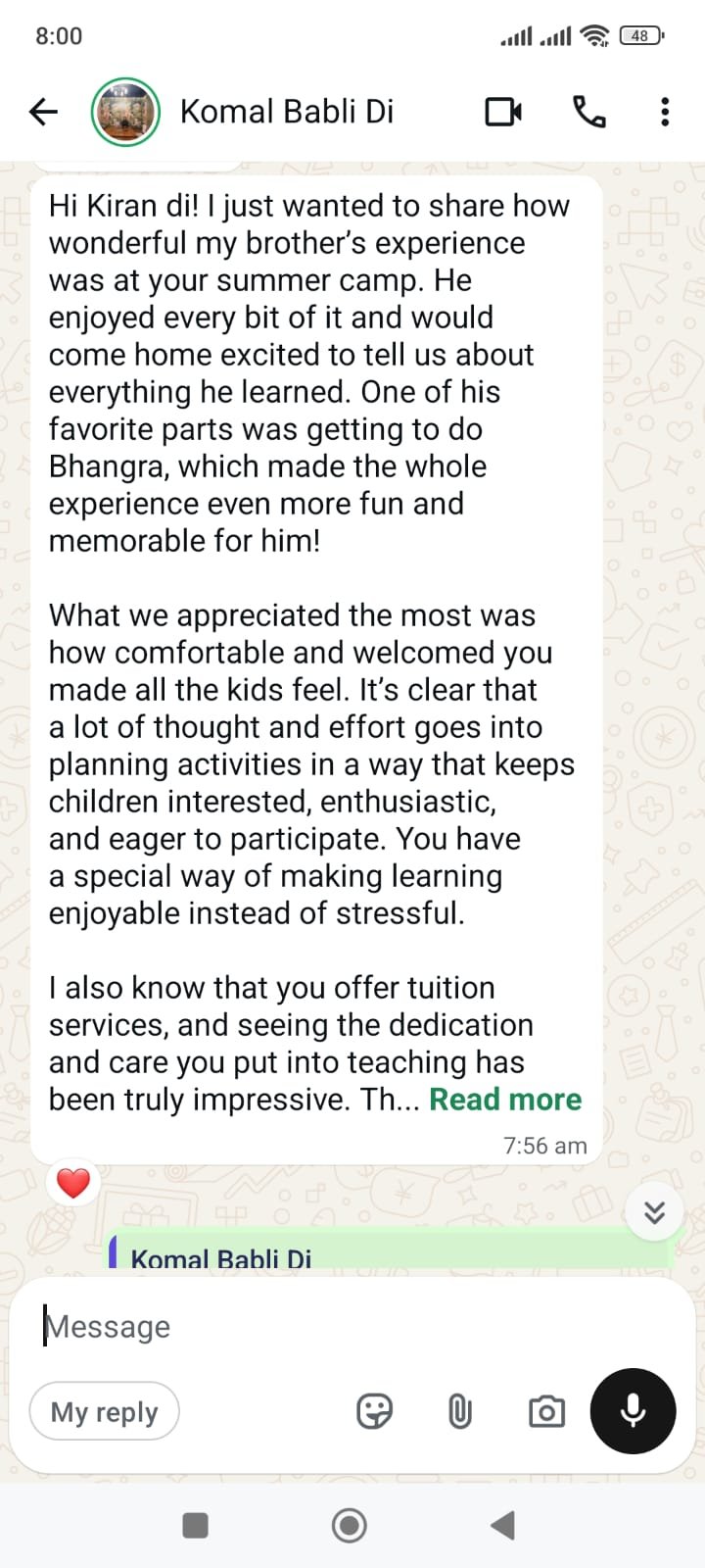 Parent feedback screenshot